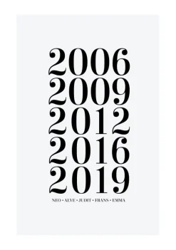 Familietavle - 5 Fødselsår & Navn - Grå (21x29,7 cm (A4))