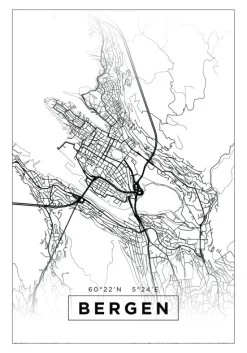Kort - Bergen - Hvid Plakat (21x29.7 cm (A4))