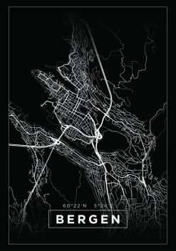 Kort - Bergen - Sort Plakat (21x29.7 cm (A4))