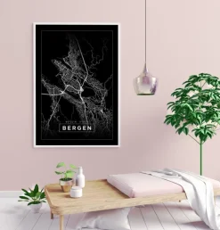 Kort - Bergen - Sort Plakat (21x29.7 cm (A4))