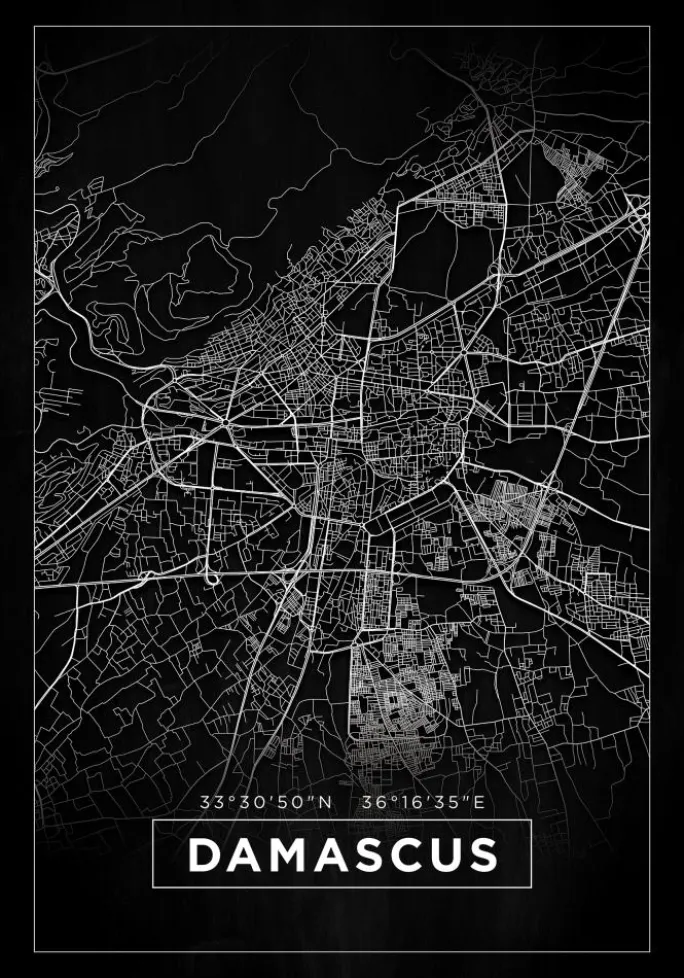 Kort - Damascus - Sort Plakat (21x29.7 cm (A4))