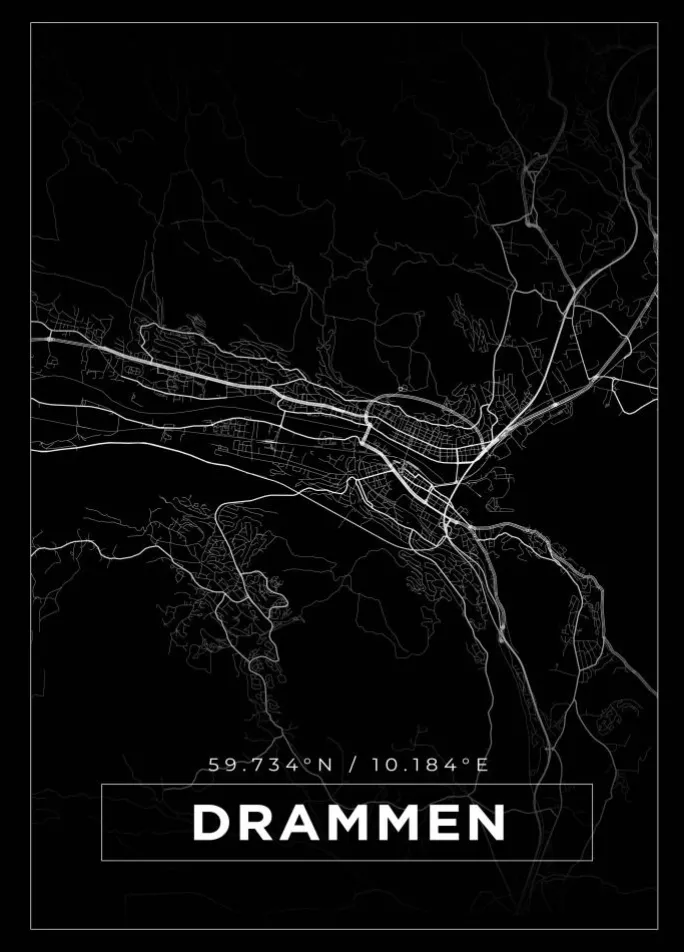Kort - Drammen - Sort Plakat (21x29.7 cm (A4))