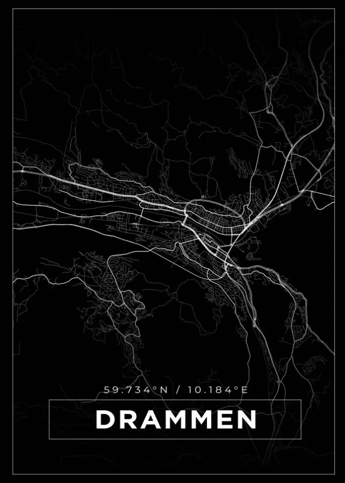 Kort - Drammen - Sort Plakat (21x29.7 cm (A4))