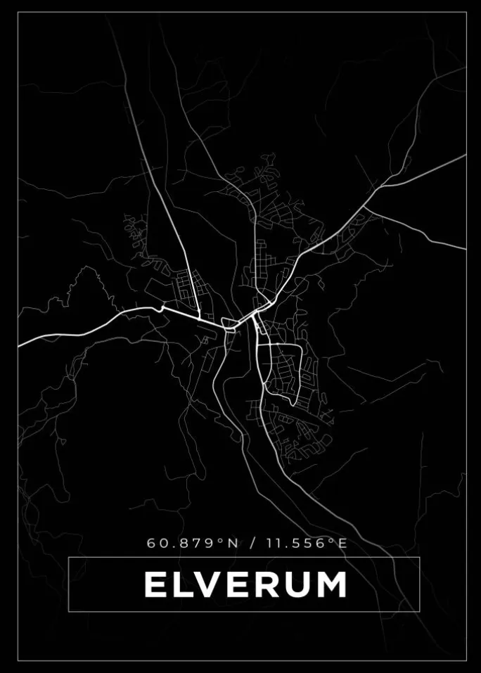 Kort - Elverum - Sort Plakat (21x29.7 cm (A4))