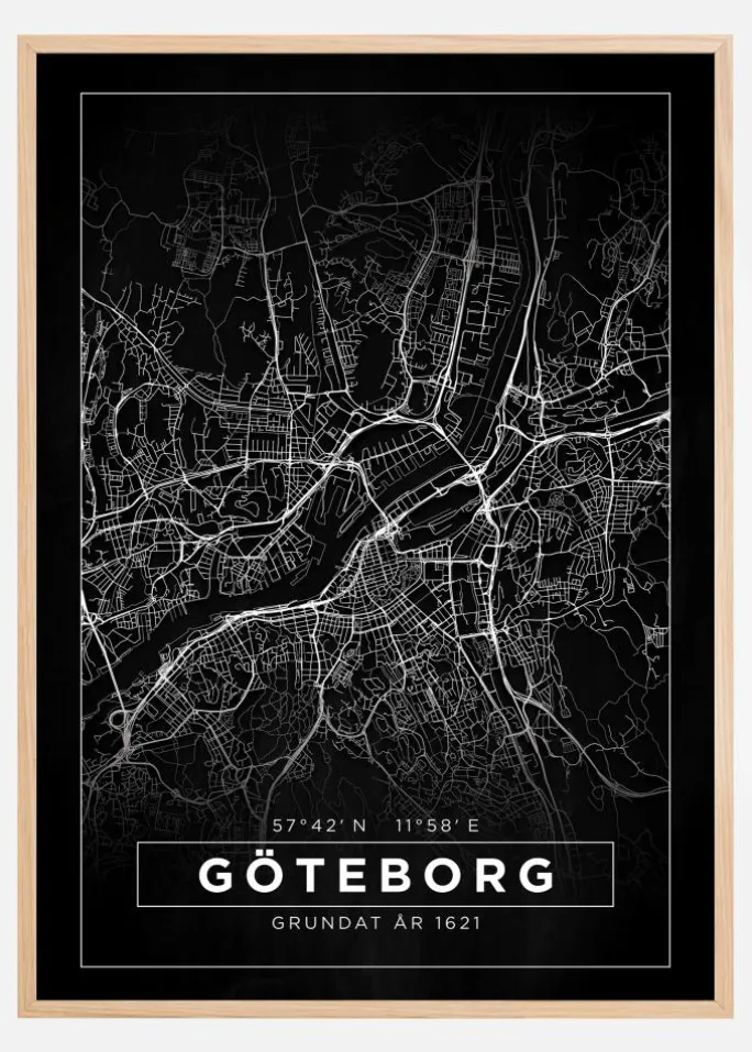 Kort - Göteborg - Sort Plakat (21x29.7 cm (A4))