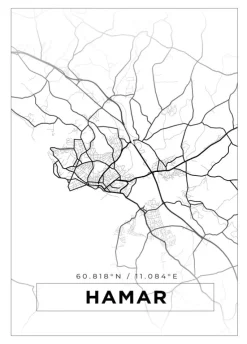 Kort - Hamar - Hvid Plakat (21x29.7 cm (A4))