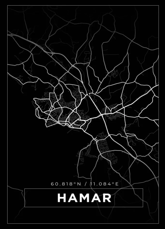 Kort - Hamar - Sort Plakat (21x29.7 cm (A4))