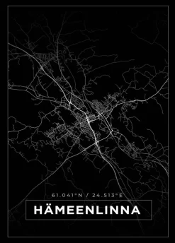 Kort - Hämeenlinna - Sort Plakat (21x29.7 cm (A4))