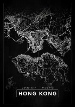 Kort - Hong Kong - Sort Plakat (21x29.7 cm (A4))