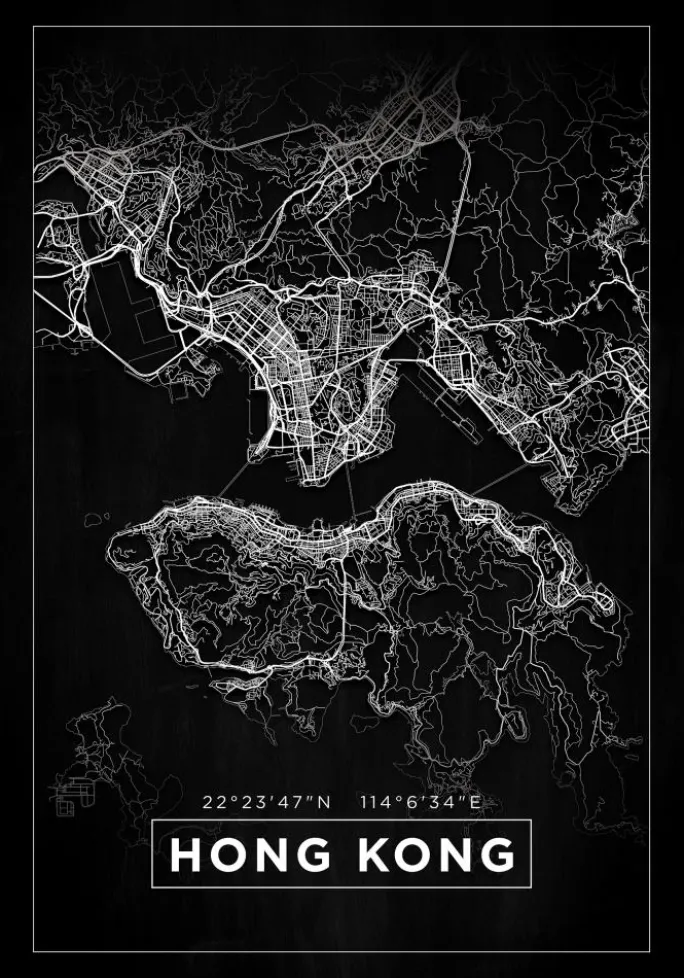 Kort - Hong Kong - Sort Plakat (21x29.7 cm (A4))