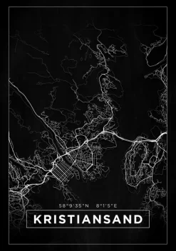 Kort - Kristiansand - Sort Plakat (21x29.7 cm (A4))