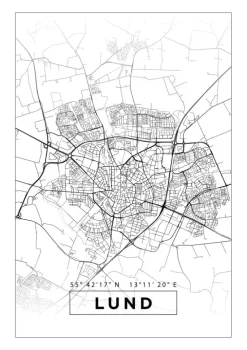 Kort - Lund - Hvid Plakat (21x29.7 cm (A4))