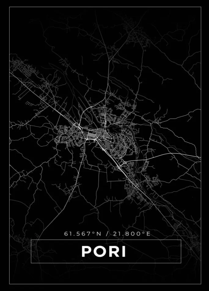 Kort - Pori - Sort Plakat (21x29.7 cm (A4))