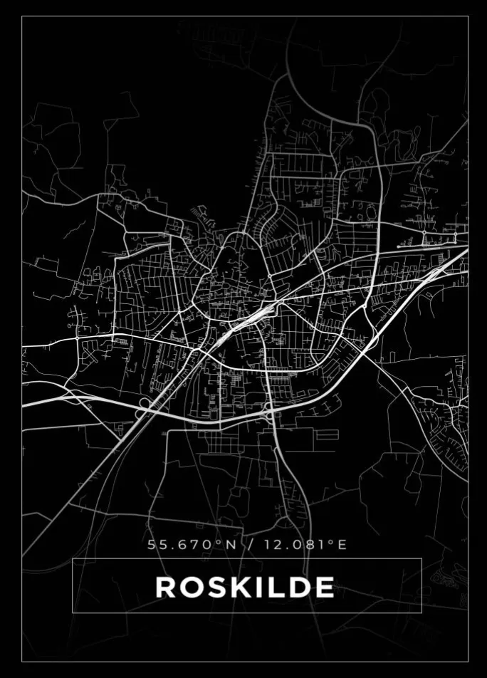 Kort - Roskilde - Sort Plakat (21x29.7 cm (A4))