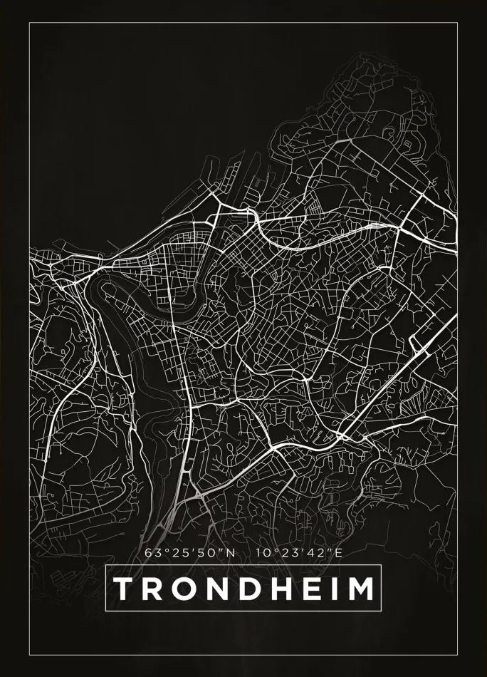 Kort - Trondheim - Sort Plakat (21x29.7 cm (A4))