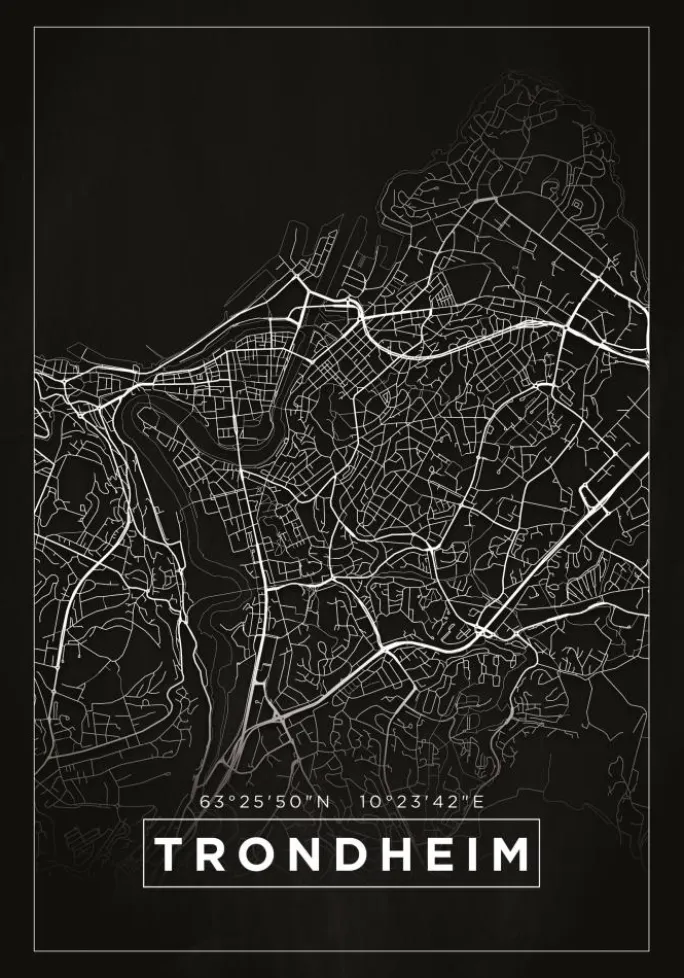 Kort - Trondheim - Sort Plakat (21x29.7 cm (A4))