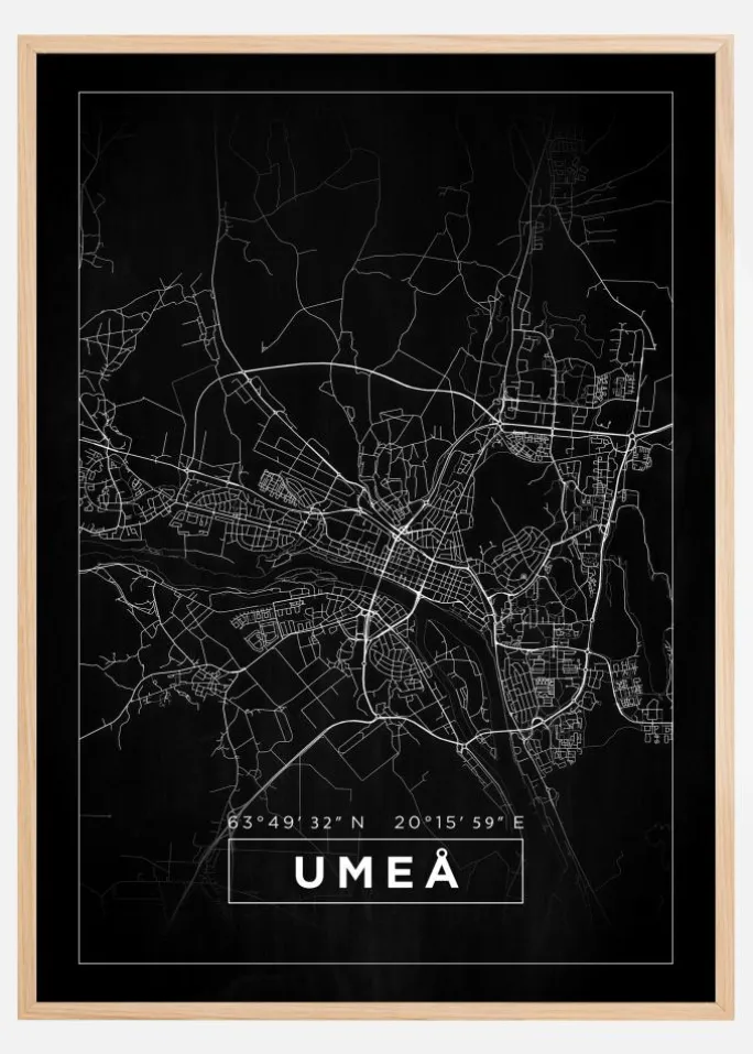 Kort - Umeå - Sort Plakat (21x29.7 cm (A4))