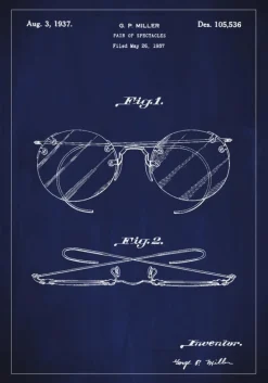 Patenttegning - Briller A - Blå Plakat (21x29.7 cm (A4))