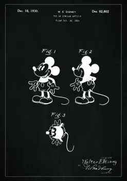 Patenttegning - Disney - Mickey Mouse - Sort Plakat (21x29.7 cm (A4))