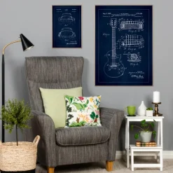 Patenttegning - El-guitar I - Blå Plakat (21x29.7 cm (A4))