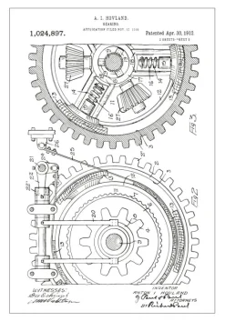 Patenttegning - Gear - Hvid Plakat (21x29.7 cm (A4))