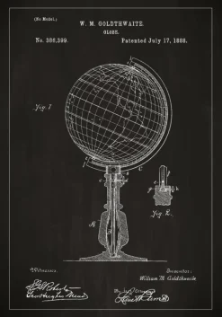 Patenttegning - Jordglobe - Sort Plakat (21x29.7 cm (A4))