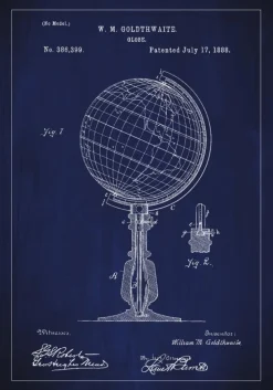 Patenttegning - Jordglobe - Blå Plakat (21x29.7 cm (A4))