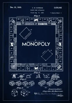 Patenttegning - Monopoly I - Blå Plakat (21x29.7 cm (A4))