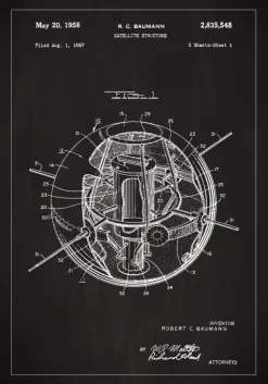 Patenttegning - Satellit - Sort Plakat (21x29.7 cm (A4))