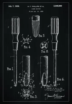 Patenttegning - Skruetrækker - Sort Plakat (21x29.7 cm (A4))