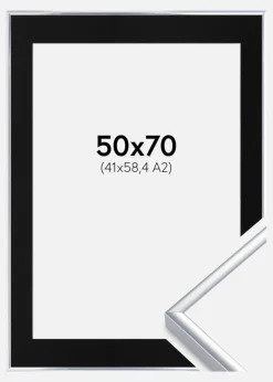 Ramme Aluminium Blank Sølv 50x70 cm - Passepartout Sort 42x59,4 cm (A2)