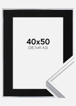 Ramme Aluminium Blank Sølv 40x50 cm - Passepartout Sort 29,7x42 cm (A3)