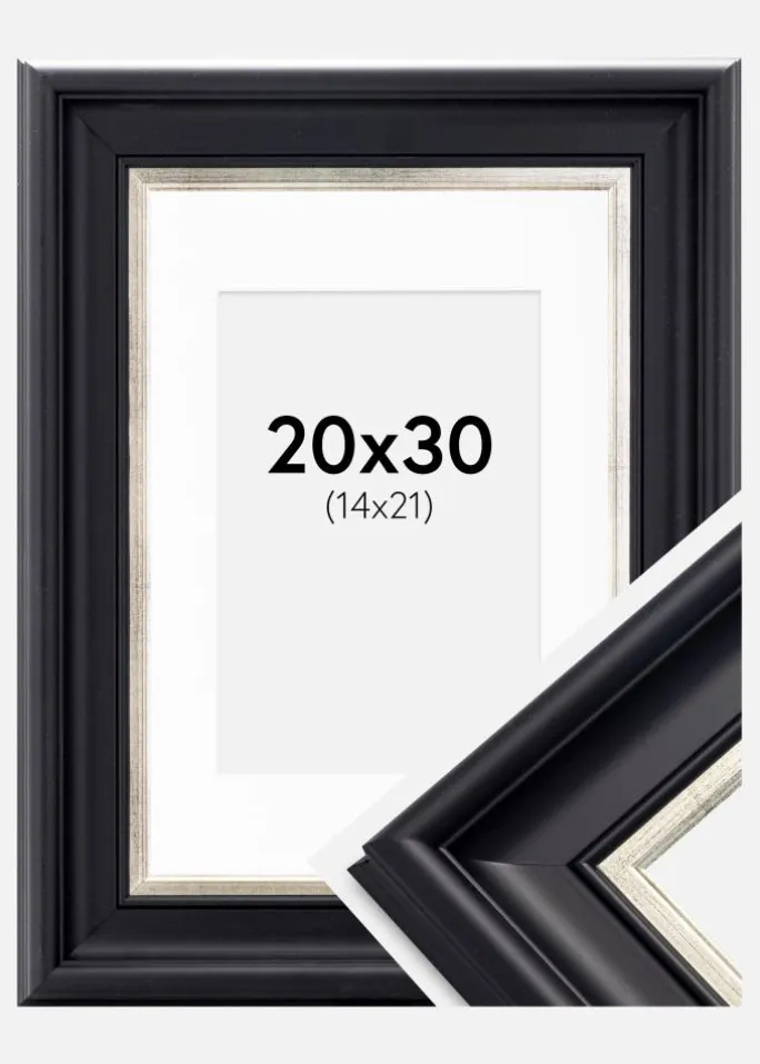 Ramme Dalarna Sort-Sølv 20x30 cm - Passepartout Hvid 15x22 cm