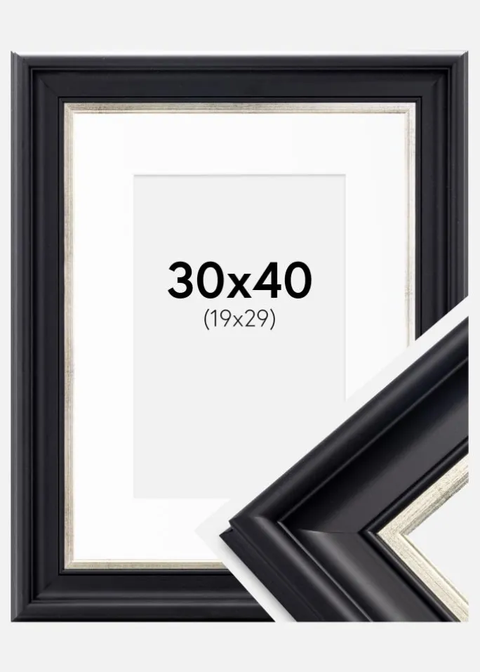 Ramme Dalarna Sort-Sølv 30x40 cm - Passepartout Hvid 20x30 cm