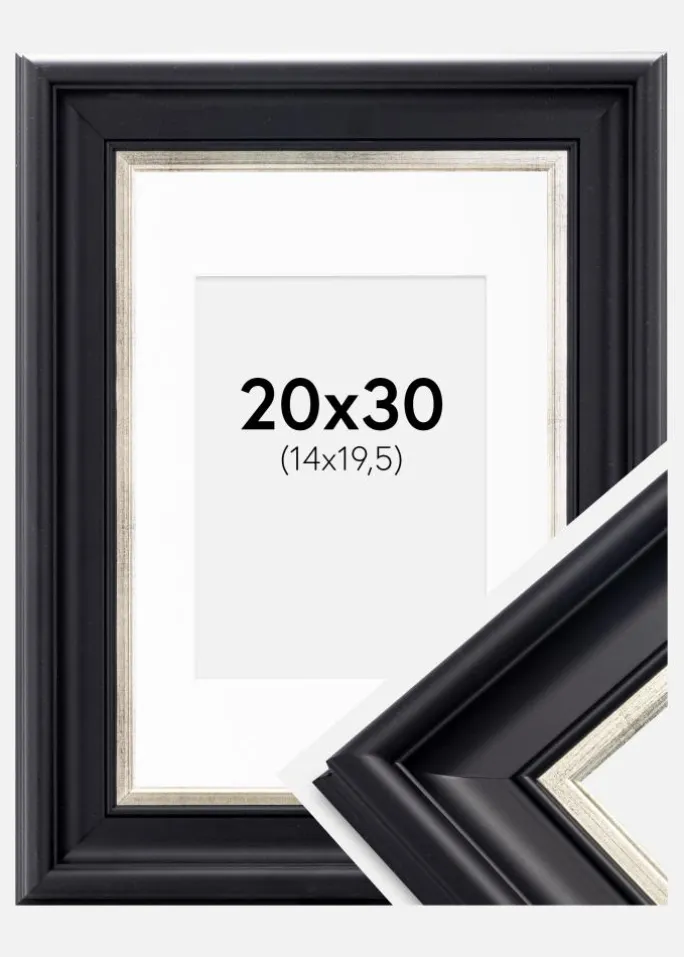 Ramme Dalarna Sort-Sølv 20x30 cm - Passepartout Hvid 15x21 cm (A5)