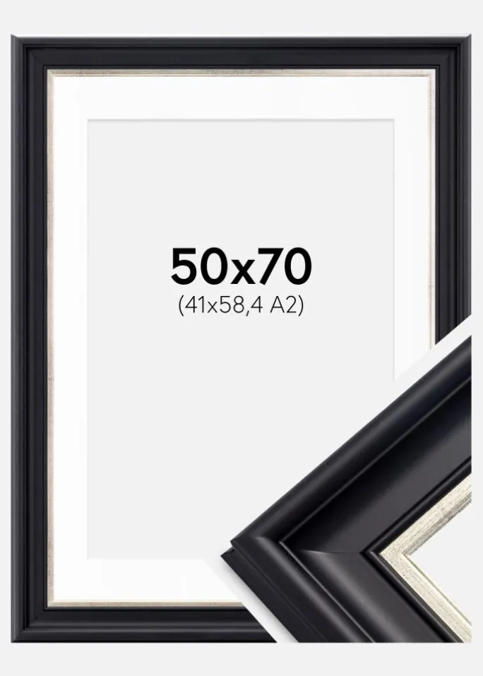 Ramme Dalarna Sort-Sølv 50x70 cm - Passepartout Hvid 42x59,4 cm (A2)