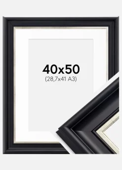 Ramme Dalarna Sort-Sølv 40x50 cm - Passepartout Hvid 29,7x42 cm (A3)