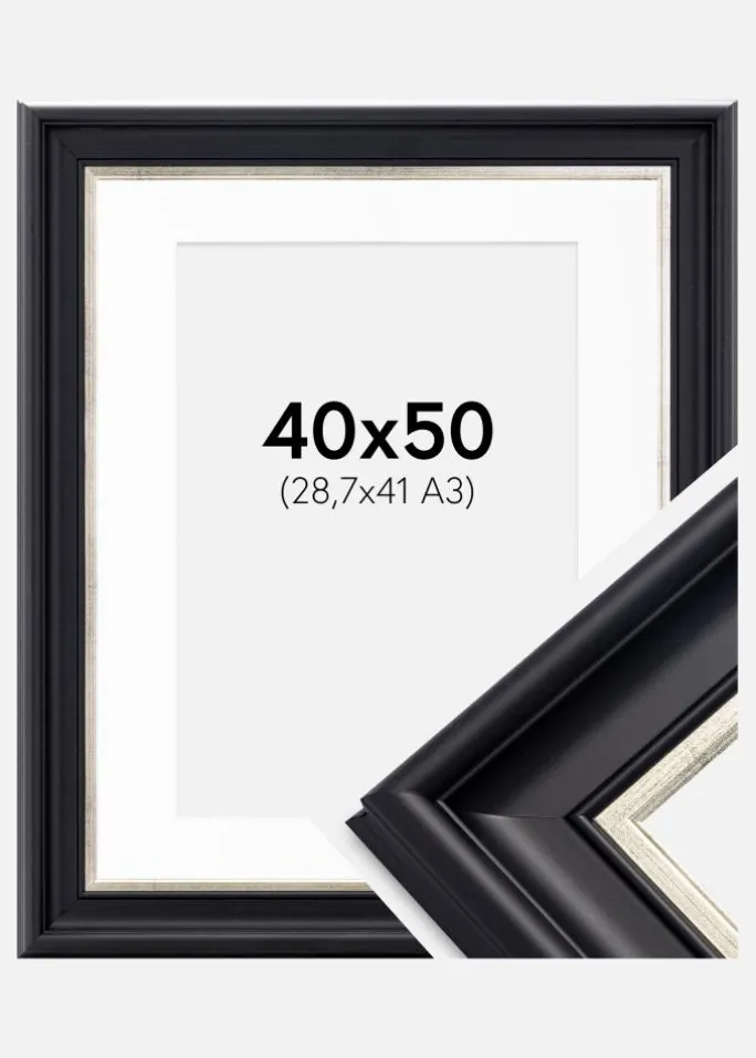 Ramme Dalarna Sort-Sølv 40x50 cm - Passepartout Hvid 29,7x42 cm (A3)