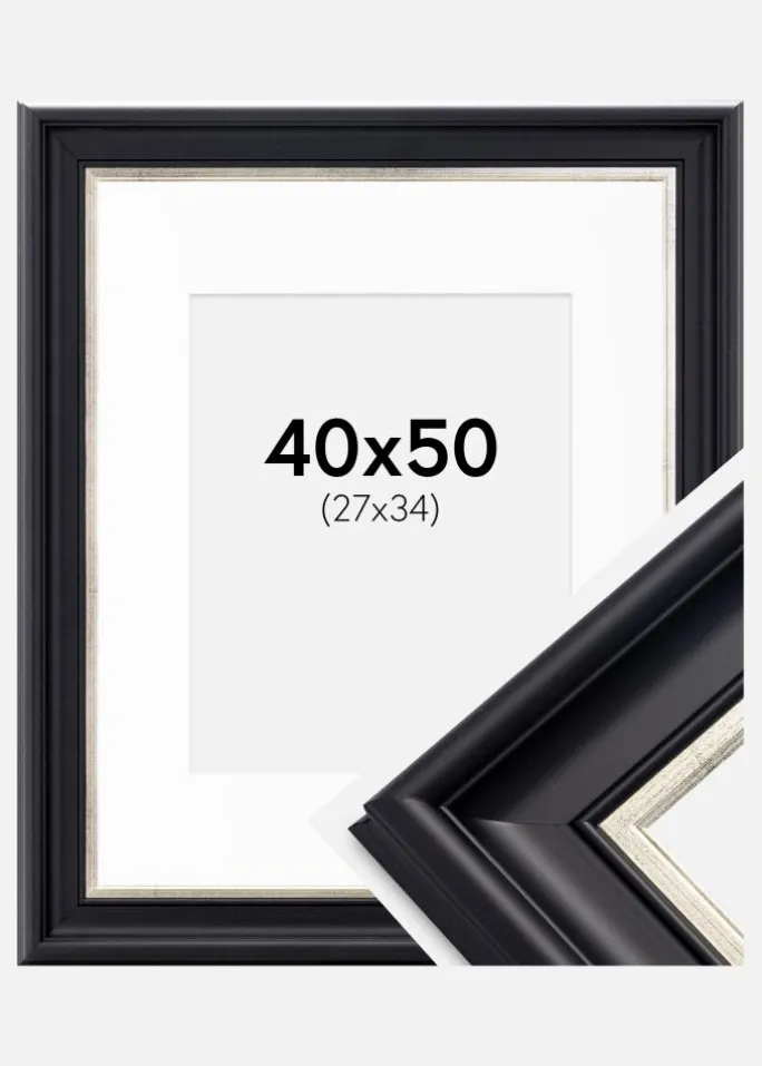 Ramme Dalarna Sort-Sølv 40x50 cm - Passepartout Hvid 28x35 cm