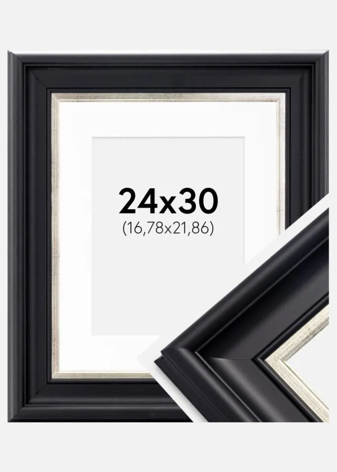 Ramme Dalarna Sort-Sølv 24x30 cm - Passepartout Hvid 7x9 inches