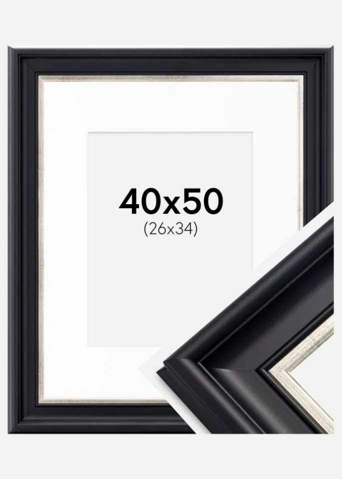 Ramme Dalarna Sort-Sølv 40x50 cm - Passepartout Hvid 27x35 cm