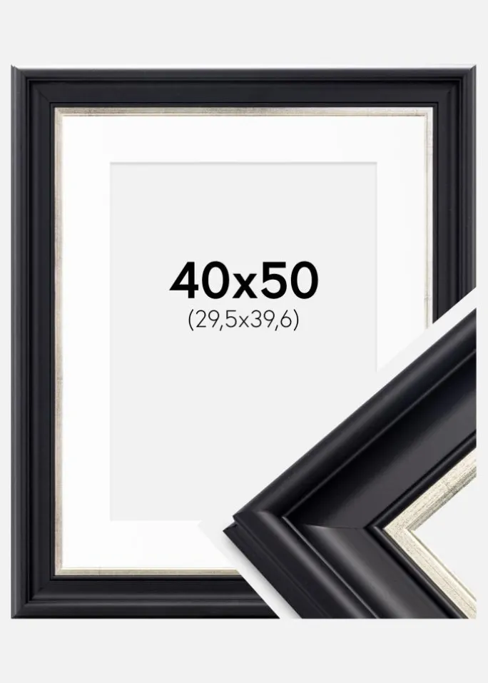 Ramme Dalarna Sort-Sølv 40x50 cm - Passepartout Hvid 12x16 inches