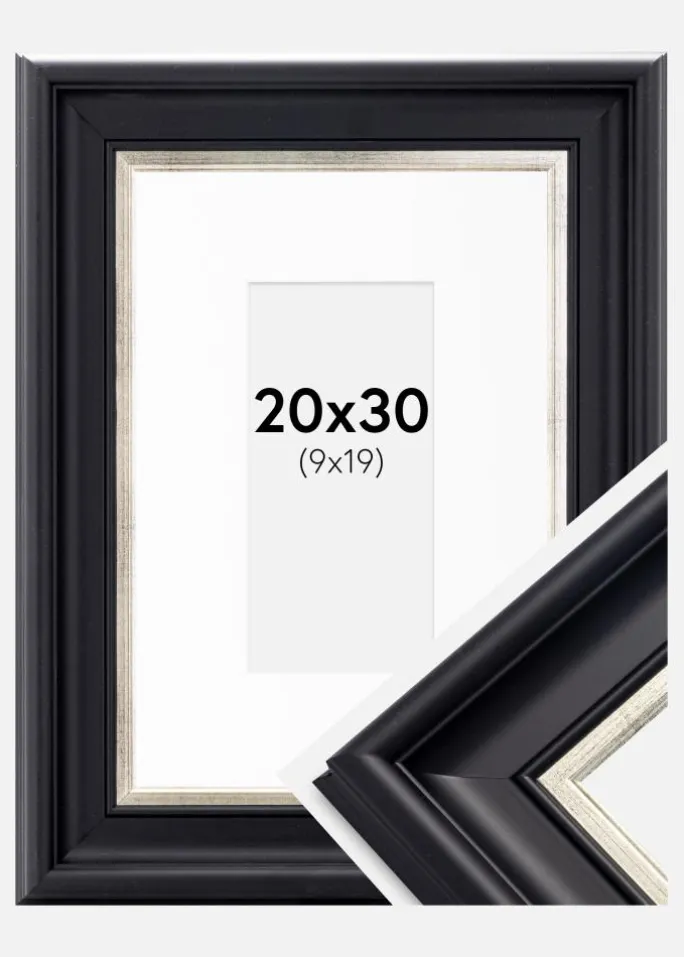 Ramme Dalarna Sort-Sølv 20x30 cm - Passepartout Hvid 10x20 cm
