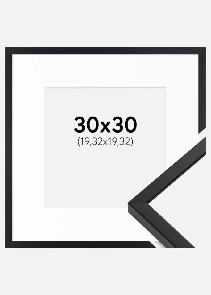 Ramme E-Line Sort 30x30 cm - Passepartout Hvid 8x8 inches