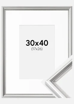 Ramme Gala Sølv 30x40 cm - Passepartout Hvid 18x27 cm