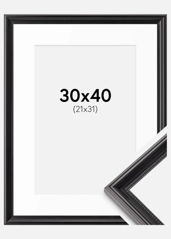 Ramme Gala Sort 30x40 cm - Passepartout Hvid 22x32 cm