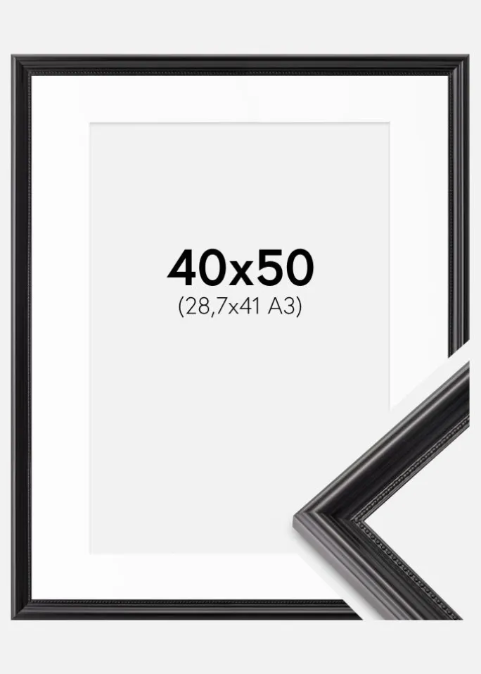 Ramme Gala Sort 40x50 cm - Passepartout Hvid 29,7x42 cm (A3)