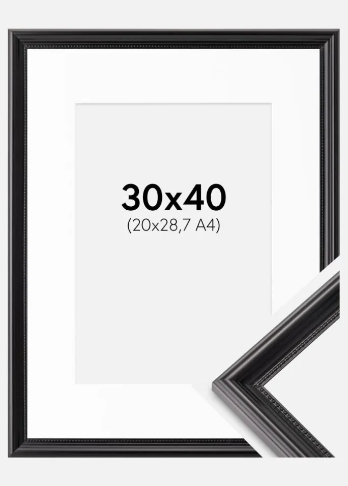 Ramme Gala Sort 30x40 cm - Passepartout Hvid 21x29,7 cm (A4)