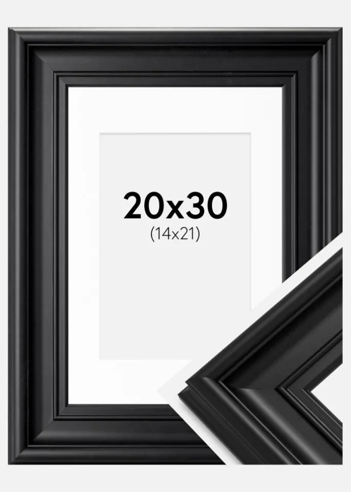Ramme Mora Premium Sort 20x30 cm - Passepartout Hvid 15x22 cm