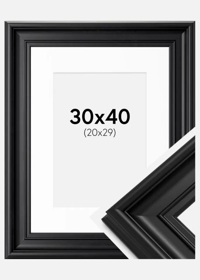 Ramme Mora Premium Sort 30x40 cm - Passepartout Hvid 21x30 cm